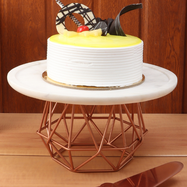 NikkisPride Cake Stand With Copper Finish Metal Base Tappered Marble Top with Cake Cutlery Set of 3